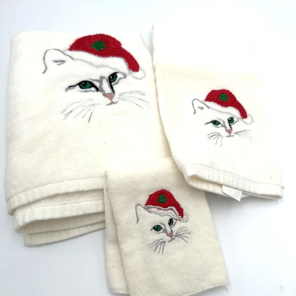 Set Of 3 Vintage White Cat Embroidered Christmas Cat Towels